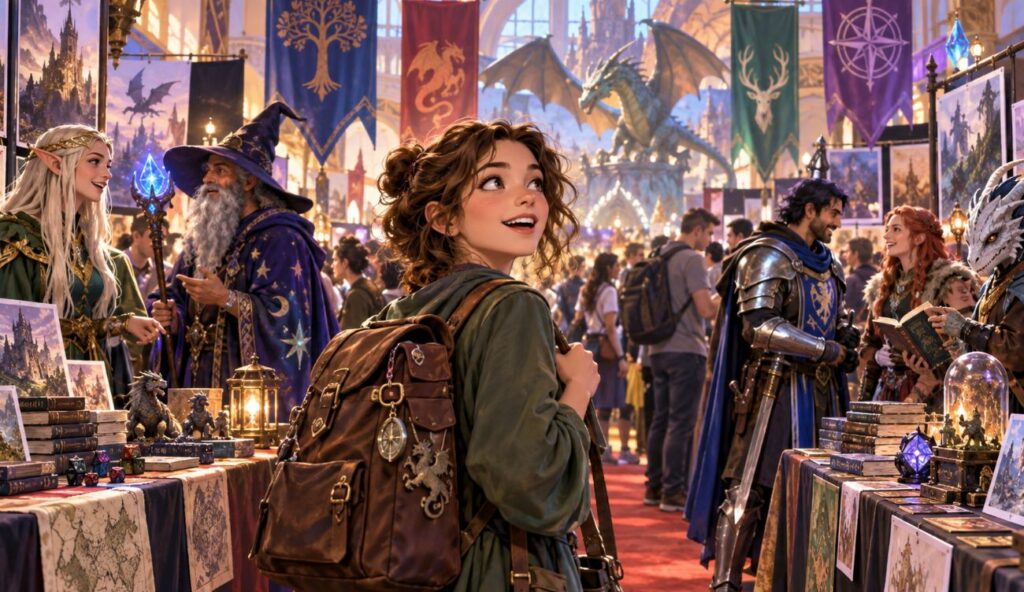 Ilustracja przedstawiająca dziewczynę przychodzącą na swój pierwszy konwent fantasy