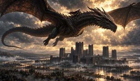 Balerion z Aegonem Zdobywcą na grzbiecie leci nad Harrenhal.
