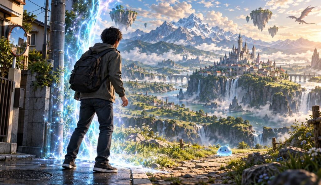 Nastolatek w drodze między światami. Po lewej świat rzeczywisty, po prawej królestwo fantasy