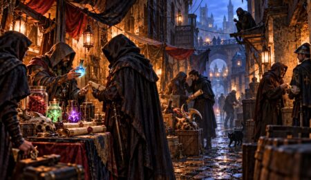 Czarny rynek fantasy jako ciemna uliczka z magicznymi rzeczami i tajemniczymi ludźmi