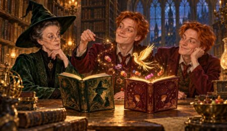 Profesor McGonagall i bliźniacy Weasley przed magicznymi księgami
