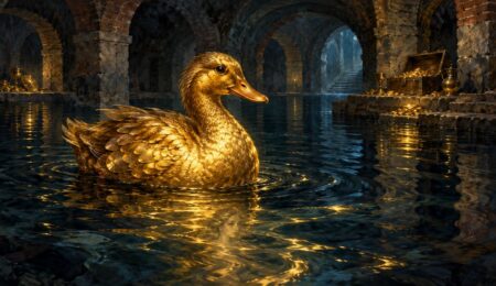 Złota Kaczka pływająca po podziemnym jeziorze
